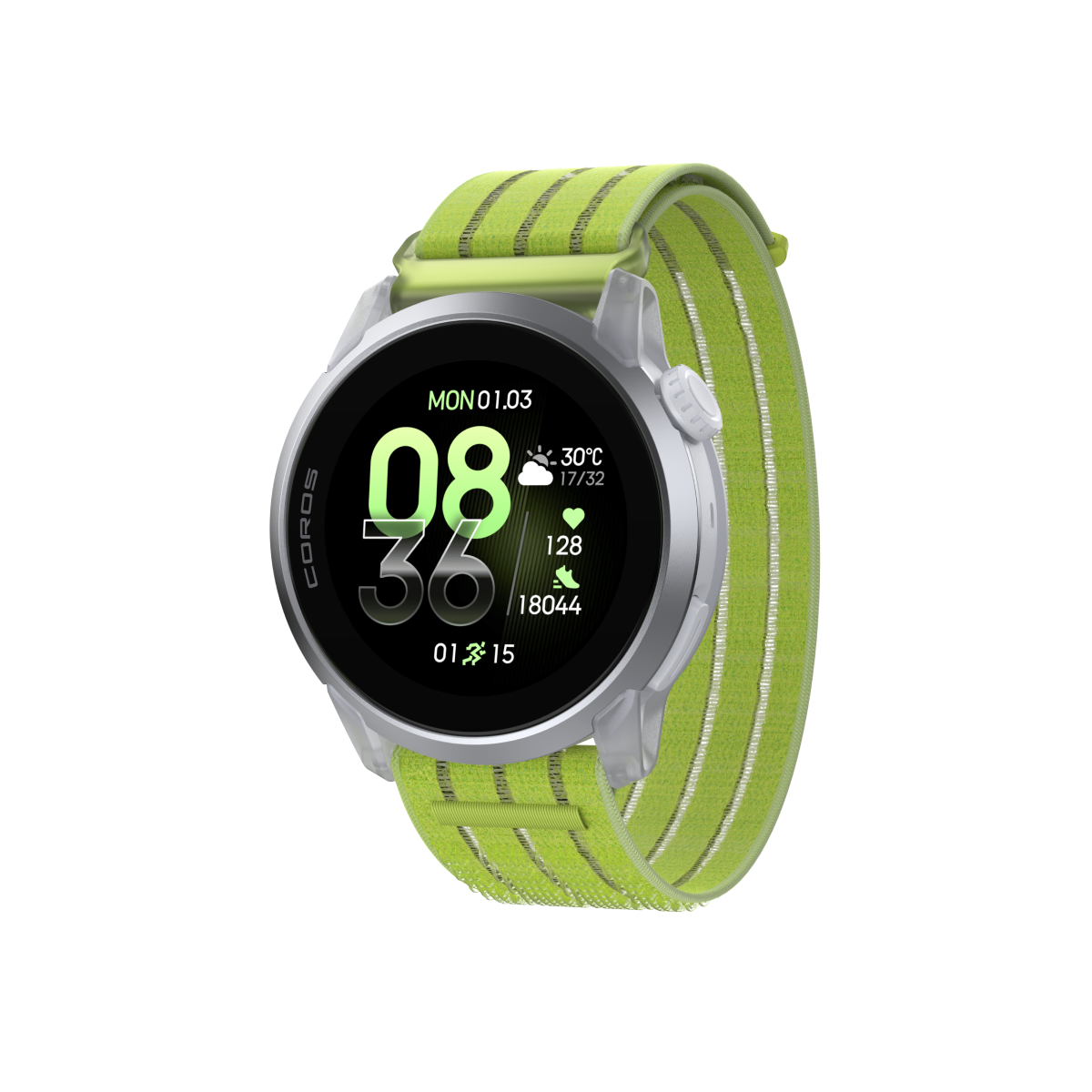 Front three-quarter view of the COROS PACE 4 Cloud White Watch Body with Yellow Crystal Nylon Band