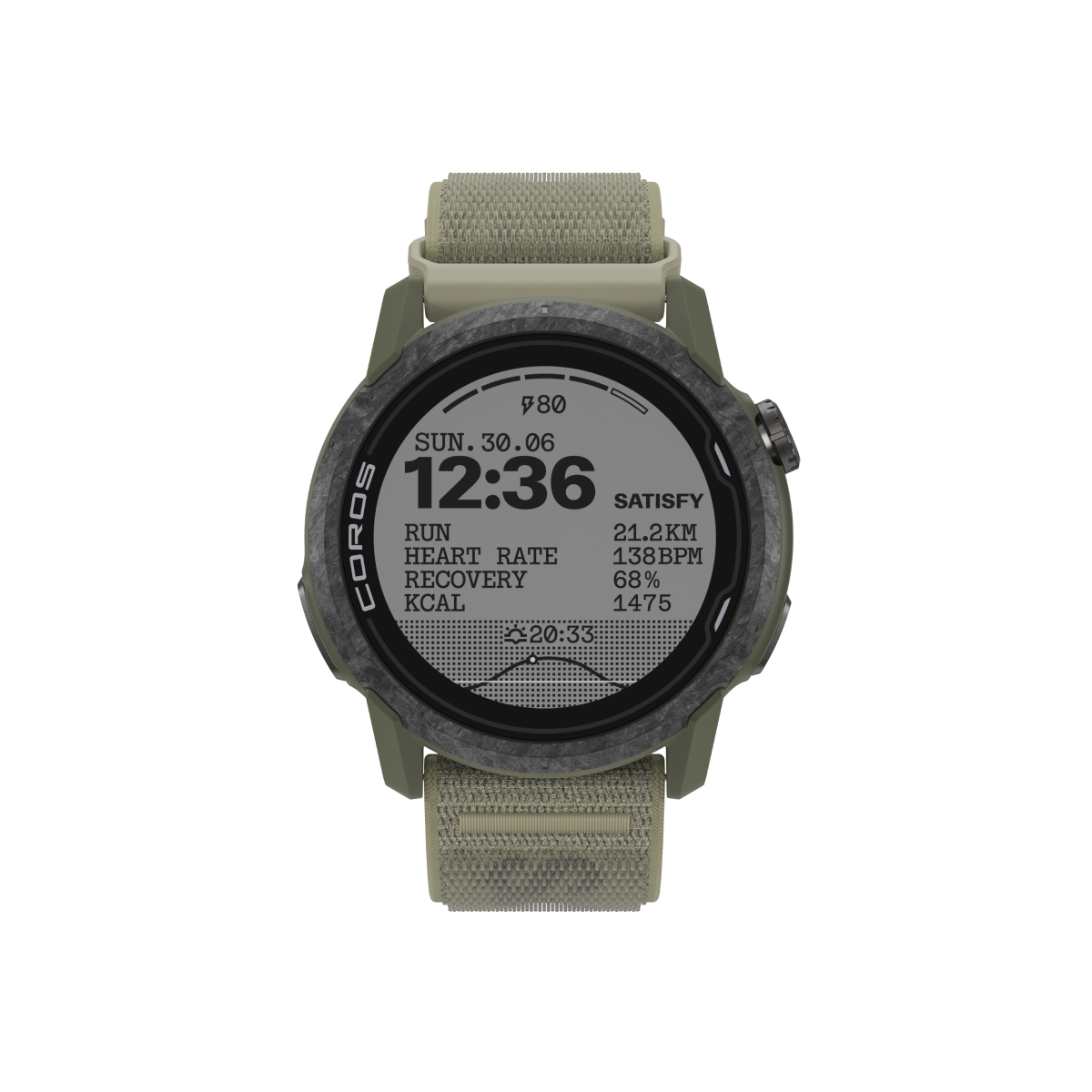 Front view of COROS | SATISFY APEX 4 (46mm) in Burnt Olive with Nylon Band