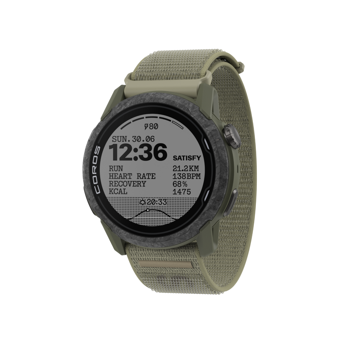 Front three-quarter view of COROS | SATISFY APEX 4 (46mm) in Burnt Olive with Nylon Band