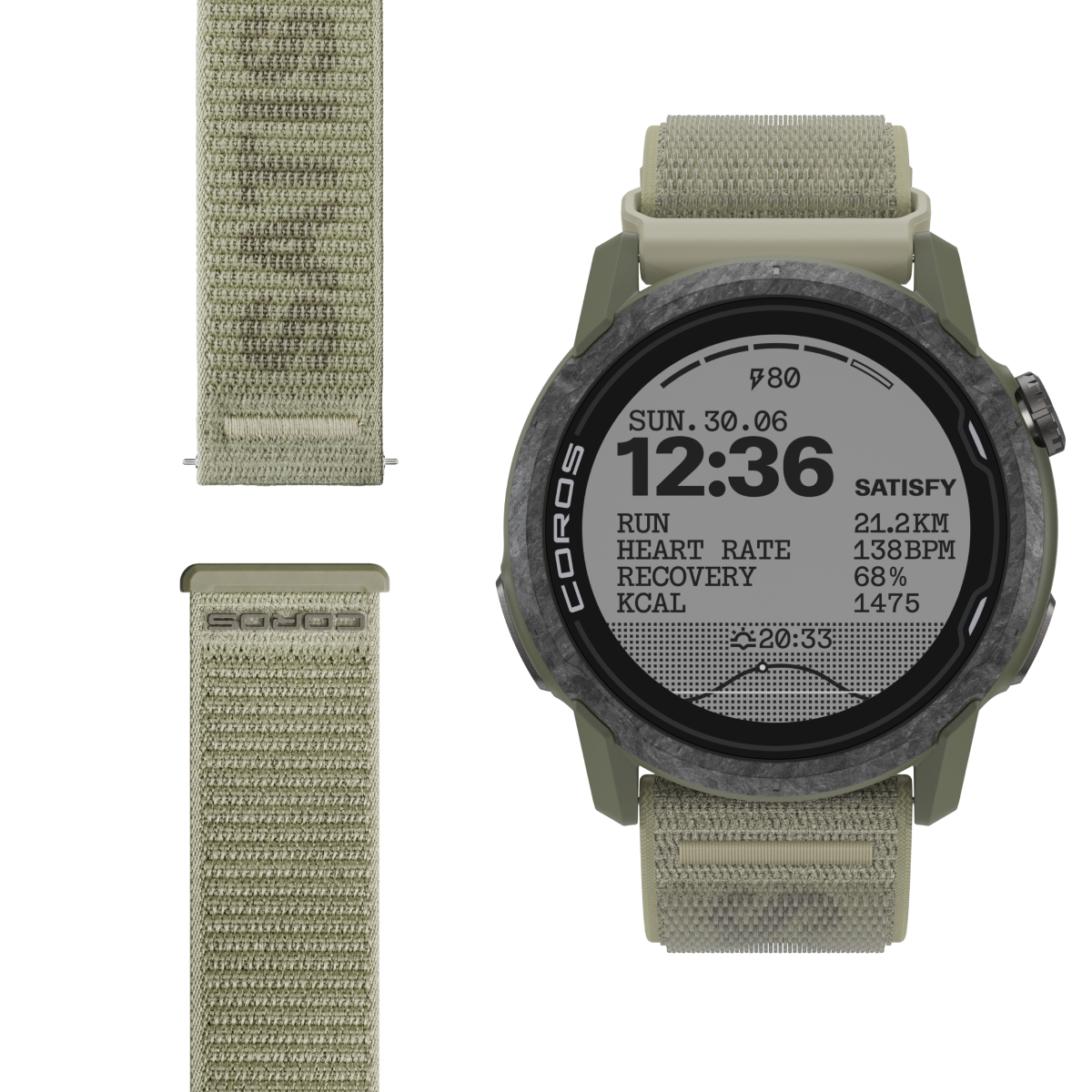 Full view of COROS | SATISFY APEX 4 (46mm) in Burnt Olive with Nylon Band