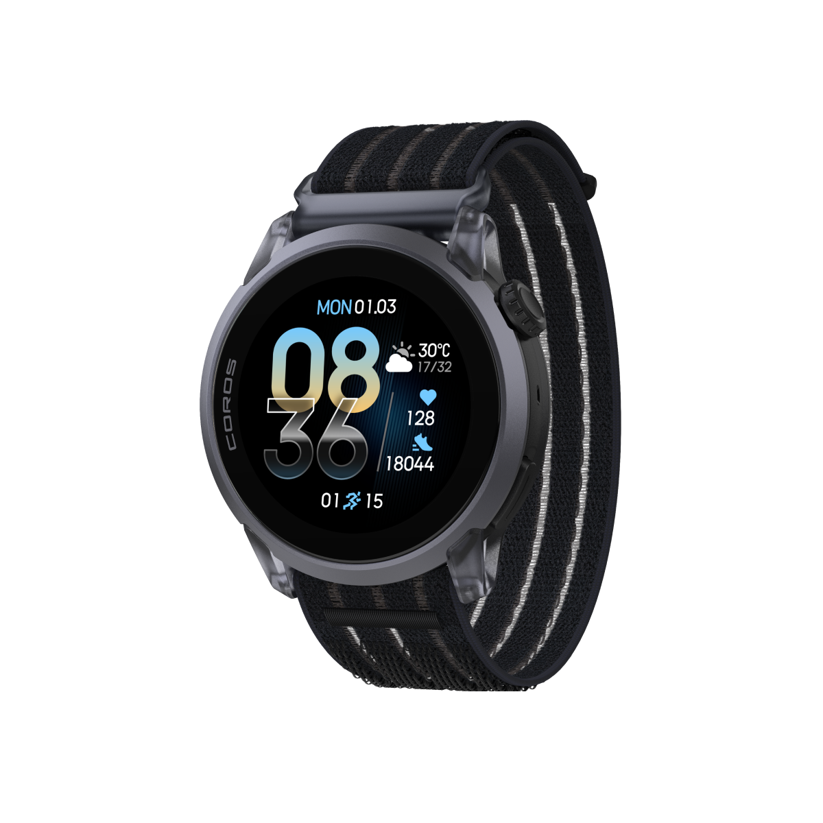 Front three-quarter view of the COROS PACE 4 Black Crystal Watch Body with Black Crystal Nylon Band